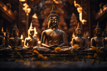 A row of golden buddhist statues, traditional buddhist architecture, ai generated.

