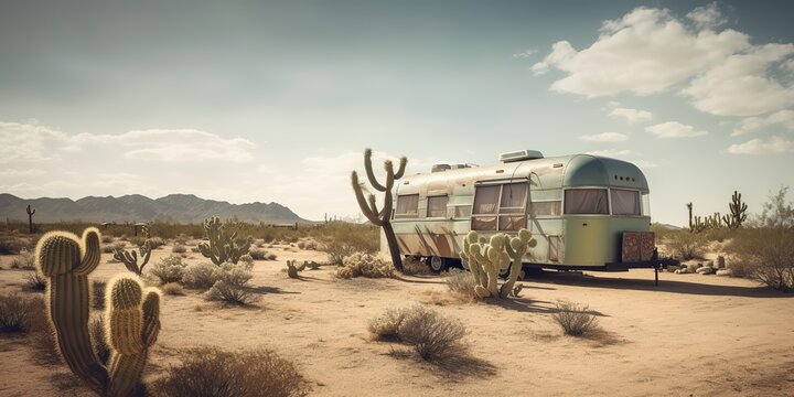 AI Generated. AI Generative. Old metal rustic abandoned vintage camper rv car house in desert. Adventure background lifestyle. Nature outdoor moving house life inspiration