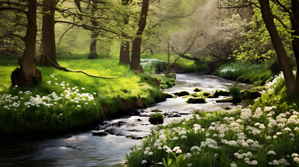 Tranquil forest scene with a gentle stream running through it surrounded by blossoming trees in springtime