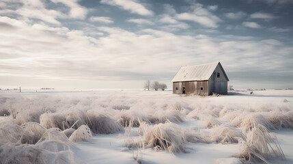 Snowy Barn in the Fields, winter snow