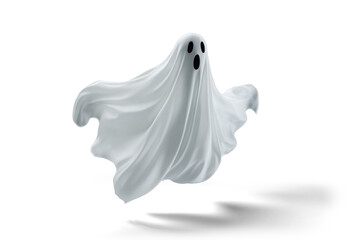 flying halloween ghost in a white sheet, png file of isolated cutout object with shadow on transparent background.