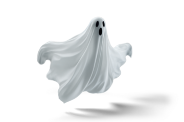 flying halloween ghost in a white sheet, png file of isolated cutout object with shadow on transparent background.