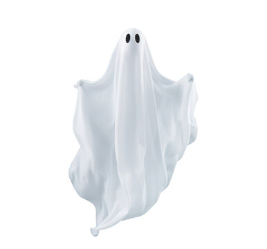 flying halloween ghost in a white sheet, png file of isolated cutout object on transparent background.
