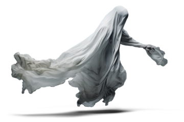 flying halloween ghost in a white sheet, png file of isolated cutout object with shadow on transparent background.