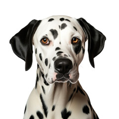 Portrait of Dalmatian dog looking at camera, front view isolated on white background