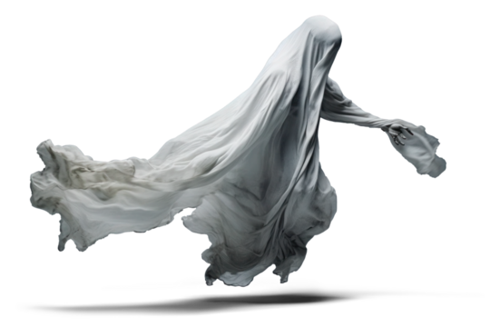 flying halloween ghost in a white sheet, png file of isolated cutout object with shadow on transparent background.