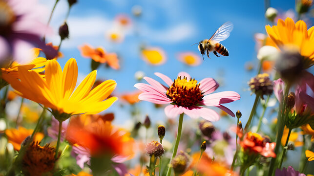 Macro shot of a honeybee flying between serene idyllic countryside scene featuring a field of colorful wildflowers in full bloom in spring
