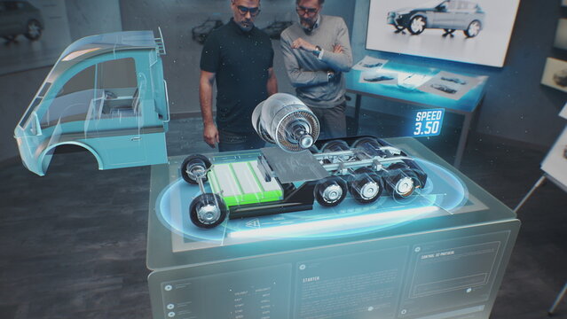 Two male automotive engineers create new eco-friendly truck with electric engine using futuristic virtual reality holographic model. 3D computer graphics of modern vehicle developing. VFX animation. - Powered by Adobe