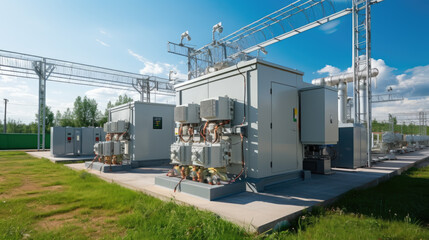 High voltage switchgear in the field, connected to transformer station, ai generated.
