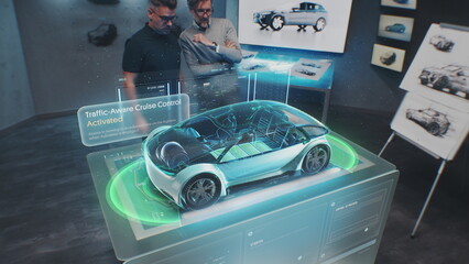Two male automotive engineers develop new eco-friendly electric car using futuristic augmented reality holographic automobile prototype. 3D graphics of vehicle high-tech developing. VFX animation.