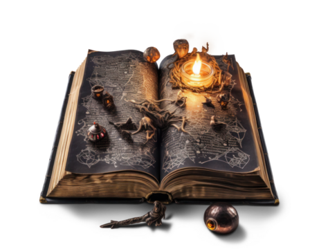 open magical halloween spell book, png file of isolated cutout object with shadow on transparent background