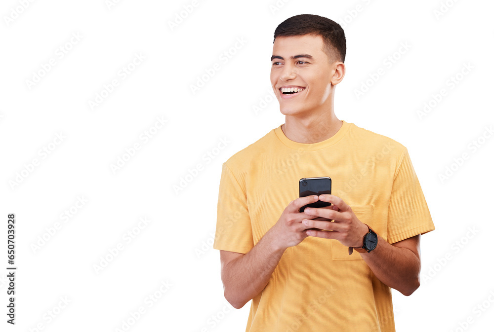 Poster happy man, phone and thinking in social media or communication isolated on a transparent png backgro