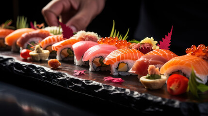 Sushi set with salmon, tuna, red caviar, attractively served. 