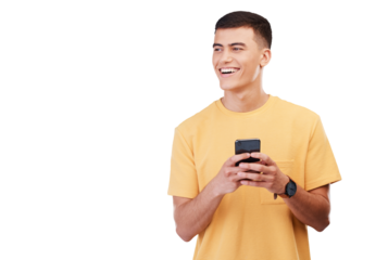 Happy man, phone and thinking in social media or communication isolated on a transparent PNG background. Male person smile, typing or online texting, chatting or networking on mobile smartphone app