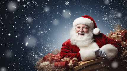 Santa Claus is leaning on a pile of gift boxes with falling snowflakes in the background. Blank space for product placement or promotional text for winter sales.