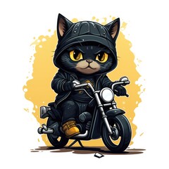 Cute cat rides a bike in cartoon style on a white background