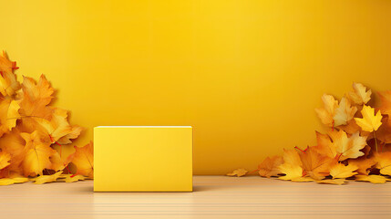 Yellow box or pedestal with a pile of fallen leaves on the floor with an orange wall background. Blank space for product placement or promotional text for autumn sales.