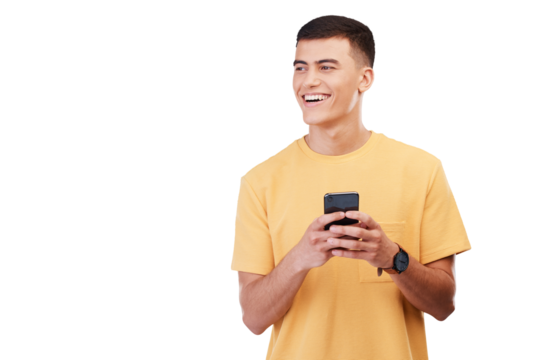 Happy man, phone and thinking in social media or communication isolated on a transparent PNG background. Male person smile, typing or online texting, chatting or networking on mobile smartphone app