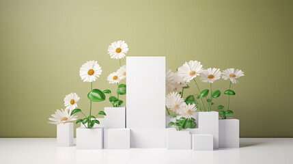 White pedestal with blooming daisies on the table. Blank space for product placement or promotional text for sales.
