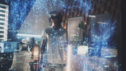 Teenager uses augmented reality headset and wireless controllers at home. 3D computer graphics and special effects of immersive big data and sci-fi digital space. Futuristic VFX animation of metaverse