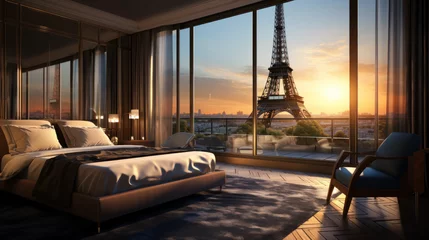 Fotobehang Hotel room with double bed, view on Eiffel Tower.  © notannft