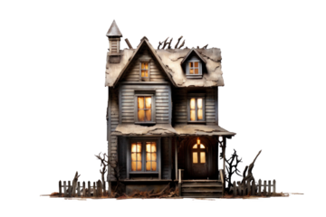 abandoned dilapidated house mansion for halloween, png file of isolated cutout object on transparent background.