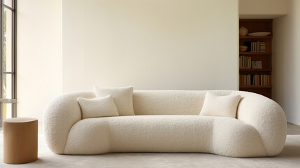 Fototapeta premium Generative AI, White cozy soft sofa. Interior design of living room, warm minimalism, wabi sabi style