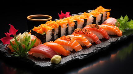 Luxury chef's sushi set with salmon and tuna.