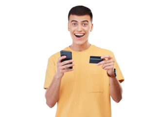 Phone, surprise and portrait of man with credit card for online shopping payment, winning deal or discount. Excited face, plastic money and mobile for success isolated on a transparent png background