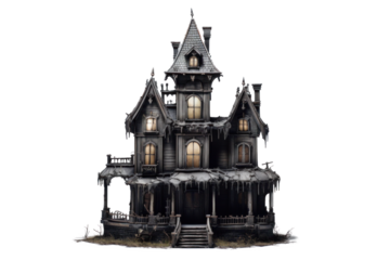 abandoned dilapidated house mansion for halloween, png file of isolated cutout object on transparent background.