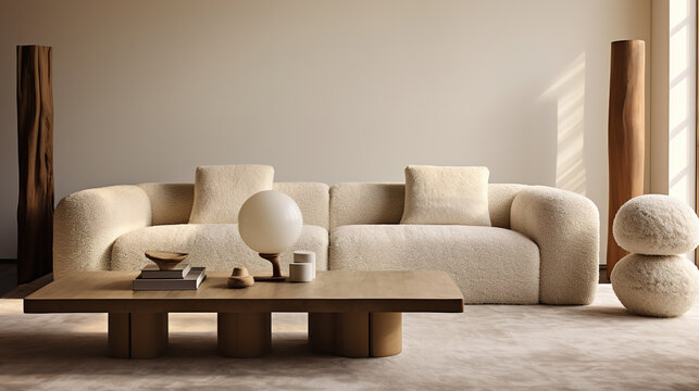 Fototapeta Generative AI, White cozy soft sofa. Interior design of living room, warm minimalism, wabi sabi style