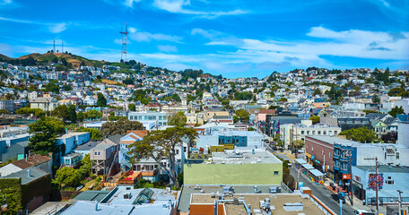 Bright summer day aerial with blue sky and clouds over sunny Castro District in San Francisco - obrazy, fototapety, plakaty