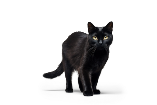 coming black cat, png file of isolated cutout object with shadow on transparent background.