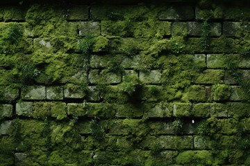 a green mossy wall of brick, in the style of experimental filmmaking - obrazy, fototapety, plakaty