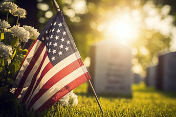 A solemn moment: the American flag at a cemetery, honoring those who served - obrazy, fototapety, plakaty