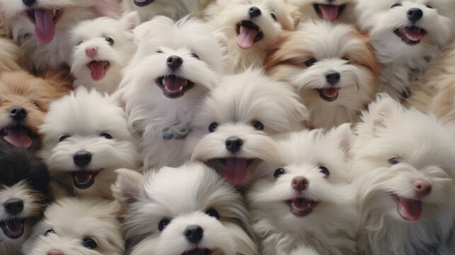 A large group of dogs with their mouths open