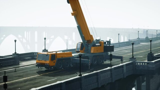 big auto crane on the bridge under constraction