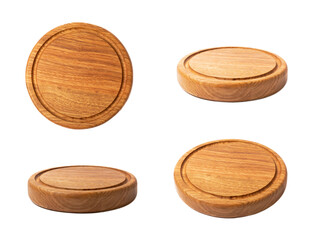 Wooden cutting board isolated on white background. Set of cutting boards in collage. Wooden kitchen...