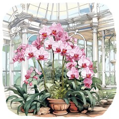 Exquisite orchids bloom in the conservatory in cartoon style