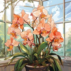 Exquisite orchids bloom in the conservatory in cartoon style