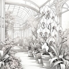 Exquisite orchids bloom in the conservatory in cartoon style