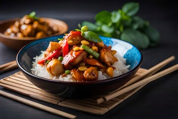 Kung Pao chicken with rice and vegetables
