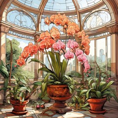 Exquisite orchids bloom in the conservatory in cartoon style