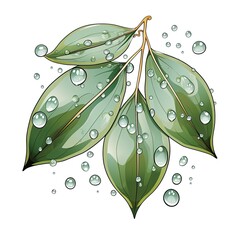 Glistening dewdrops cling to the leaves in cartoon style on a white background