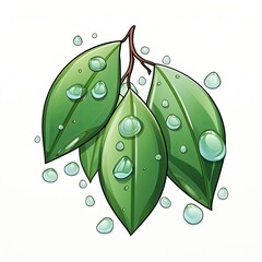 Glistening dewdrops cling to the leaves in cartoon style on a white background