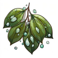 Glistening dewdrops cling to the leaves in cartoon style on a white background