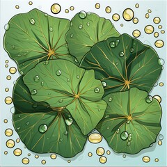 Glistening dewdrops cling to the leaves in cartoon style on a white background