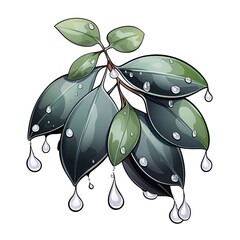 Glistening dewdrops cling to the leaves in cartoon style on a white background