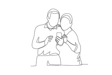 Single continuous line drawing a grandpa and grandma couple looking at mobile phone

