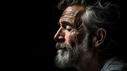 Serious old man dramatic portrait on dark background. Close up headshot of handsome thinking man with gray beard. Masculinity, movember, men’s day concept. - obrazy, fototapety, plakaty